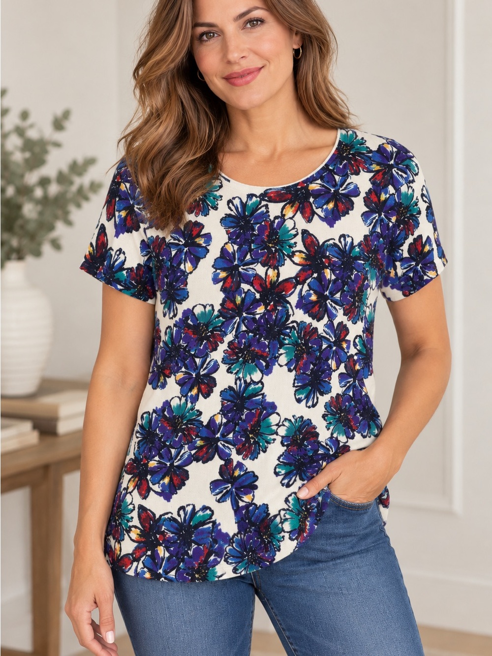 Jessica London plus size 14/16 short sleeve sweater with navy floral design